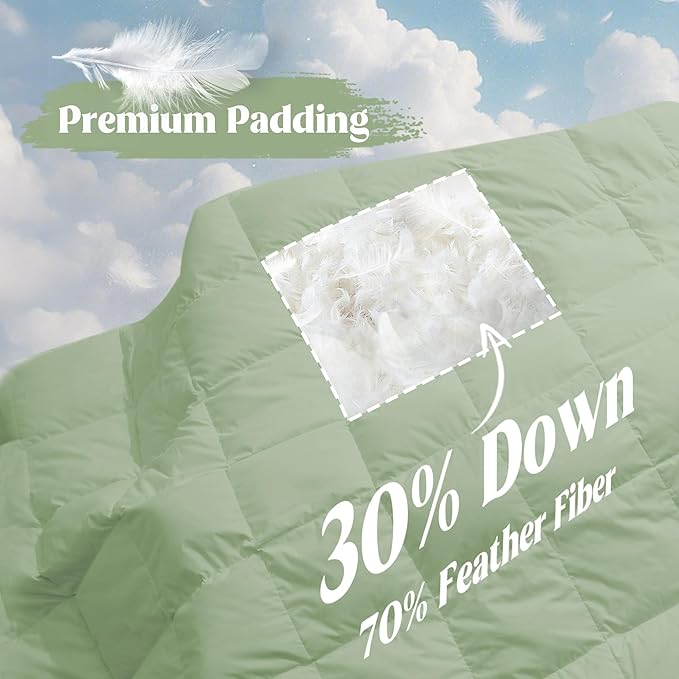 puredown® Queen Size Blanket for Bed, Ultra Soft Lightweight Down & Feather Fill, All Season Blanket, Machine Washable, 88"X90", Sage Green