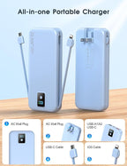 Portable Charger, 12000mAh 22.5W Fast Charging Power Bank with Built-in Cables & Wall Plug, Travel Essential Battery Pack with LED Display, USB C Battery Phone Charger for iPhone, iPad, Samsung Blue