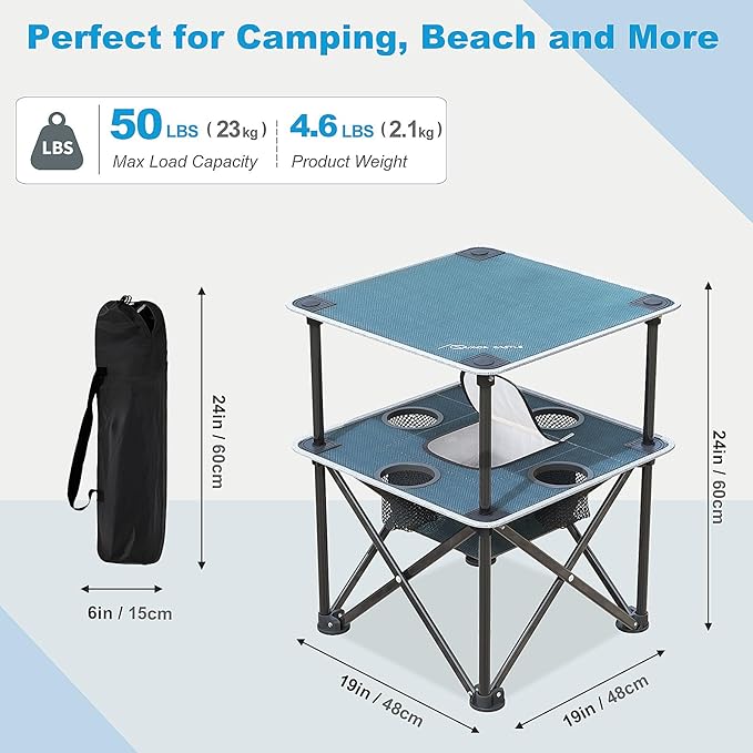 Folding Beach Table, Camping Table for Sand with Insulated Cooler Storage & 4 Cup Holders, Portable Pop Up Picnic Table, Lightweight Side Table for Outdoor