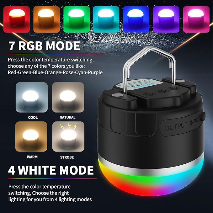1000LM Camping Lantern Rechargeable, 11 Light Modes with RGB Color Changing Camping Lights, Portable Tent Light with Magnetic Base, Waterproof Emergency Hanging Light for Hurricane, Home, Camping
