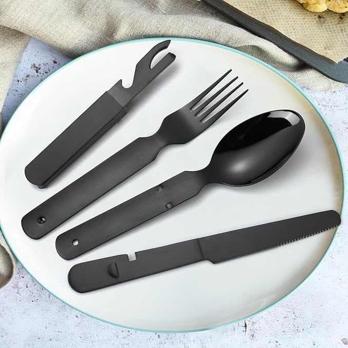 Portable Silverware Black Flatware Camping Cutlery Stainless Steel Spoon Fork Knife and Bottle Opener 4 Pieces Utensil Outdoor Travel Foldable Easy to Clean