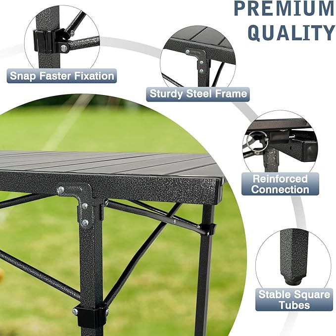Large Folding Camping Table Aluminum for 5-7 People 55"X27.5" Roll Up Tall Outdoor Portable Table Lightweight with Carry Bag for Picnic BBQ Backyard Beach Black