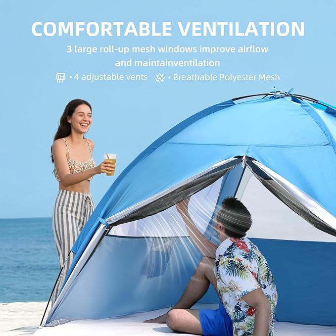 Beach Tent Sun Shelter for 4/5 Person - UPF 50+ UV Protection Portable Beach Shade Sun Canopy, Waterproof & Lightweight, Easy Setup Beach Tent for Family Beach Trips, Picnics, Camping