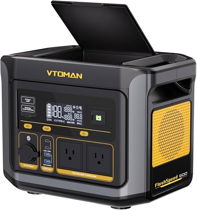 VTOMAN FlashSpeed 600 Portable Power Station 600W (1200W Peak) - 499Wh Solar Generator with LiFePO4 Battery Pack, 100W USB-C/110V AC, 60 Min Fast Charging 0-80% for Camping, Fishing, Blackout, RVs