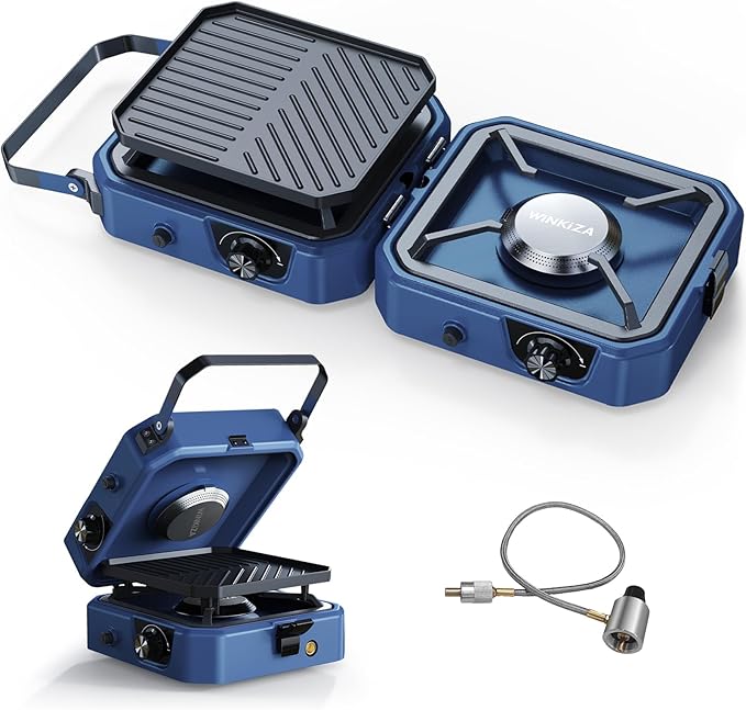 Upgraded WINKIZA 2 Burner Propane Camping Stove with Grill, Foldable Camp Stove with 16,000 BTU, Two Adjustable Burners with Piezo Ignition & Easy Carrying Handle, Portable Stove for Camping, BBQ