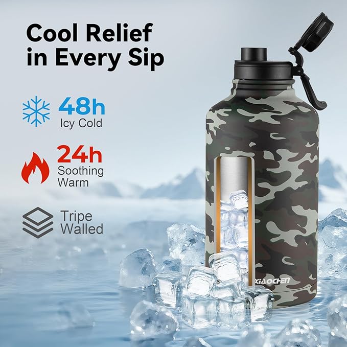 KXIAOCHEN Insulated Water Bottle, Stainless Steel Water Bottle, 2 Lids (Straw and Handle Lid),Wide Mouth Metal Water Bottles Keep Hot and Cold, Double Walled, Thermo Mug, Metal Canteen