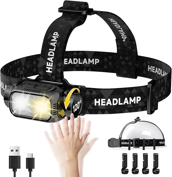 iToncs Rechargeable Headlamp Super Bright High Lumens, LED Head Lamp with 5 Modes, Detachable, 120° Adjustable Head Lights for Forehead, Waterproof Hard Hat Headlamp for Adults Camping Hunting Hiking