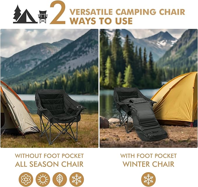 Oversized Fully Padded Camping Chair with Removable Foot Pocket, Heavy Duty Comfy Folding Camp Sports Chair for Adults, Summer, Winter, Outdoor, Ice Fishing, Hunting, RV, Cup Holder, XL, 400 LBS