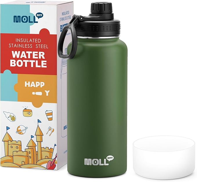 Insulated Water Bottle - 32 oz Stainless Steel Vacuum Wide Mouth Sports Flask With Silicone Boot - Reusable Metal Travel Bottle With Spout Lid (Grass Green)