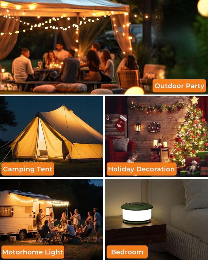 Camping String Lights, Retractable 32.8ft RGB Flash Lamp, Rechargeable Fairy LED Rope Lights Outdoor Waterproof, Portable Hanging Lantern for Outside Tent Patio Awning Garden RV Essentials