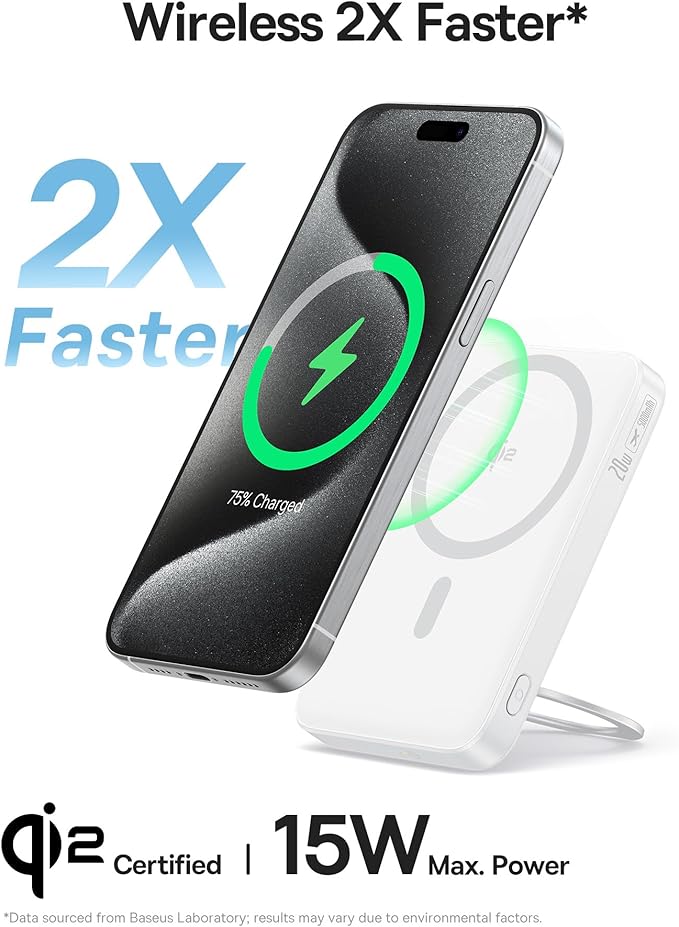 Baseus PicoGo Magnetic Power Bank, Qi2 Certified 15W Ultra-Fast Wireless Portable Charger with Stand, Ultra-Slim 5000mAh Battery Pack for iPhone 17 Pro Max 16/15/14/13/12