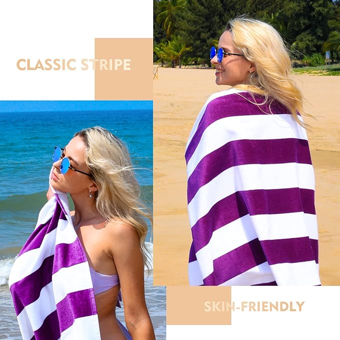 Exclusivo Mezcla 2 Pack Cotton Large 30x60 Inches Cabana Stripe Beach Towels, Super Absorbent Soft Plush Pool Bath Towel (Purple)