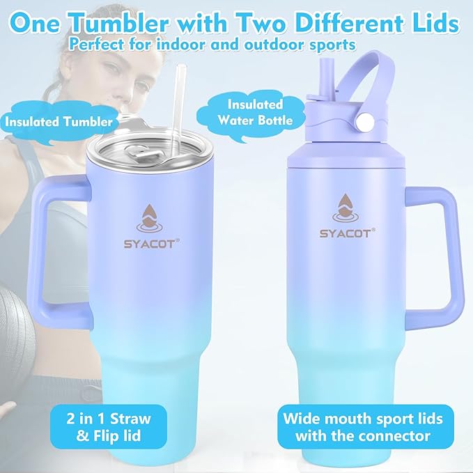 40 oz Tumbler with Handle and Straw or Convert to 40 oz Insulated Water Bottle Fits in Cup Holder. Stainless Steel Metal Water Flask with 2 Lids for Travel,Camping,Gym Sports Coffee Mug Thermal Cup
