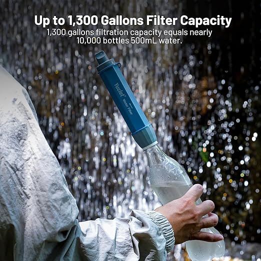 Squeeze Water Filtration System with Four 34-Oz Squeezable Pouches and 0.1 Micron Filter Straw, Portable Water Purifier Survival for Backpacking, Camping, Hiking and Emergency Preparedness