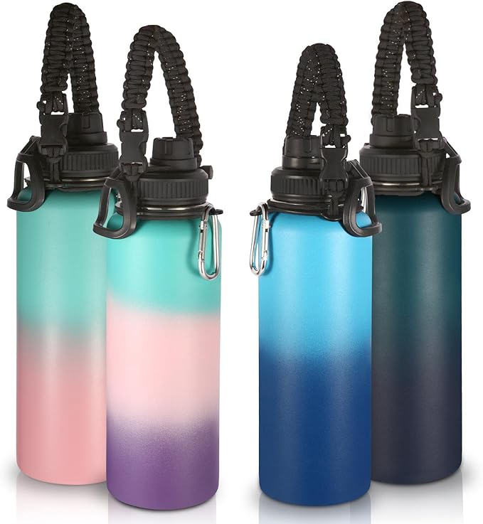 Volhoply Insulated Water Bottles Bulk 4 Pack, 40 oz Stainless Steel Sports Bottle with Paracord Handle,Metal Travel Water Cups with Wide Mouth, Reusable Large Water jug for Hiking(Assorted,4 Set)