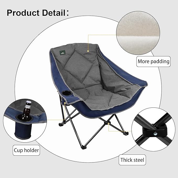 Northroad Oversized Foldable Camping Chair, Outdoor Padded Lawn Chair w/Cup Holder,Carry Bag for Beach, Hiking, and Picnics,Heavy-Duty 300-lbs Capacity, Blue