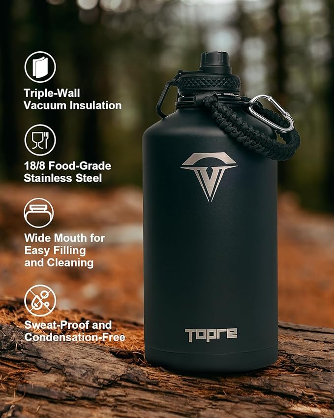 One Gallon Water Bottle,128oz Insulated Water Flask Stainless Steel Vacuum, Cold for 48 Hrs,BPA-Free & Leakproof -with Paracord Handle,Strap,Straw Spout Lids,Large Jug for Gym Sports,Black