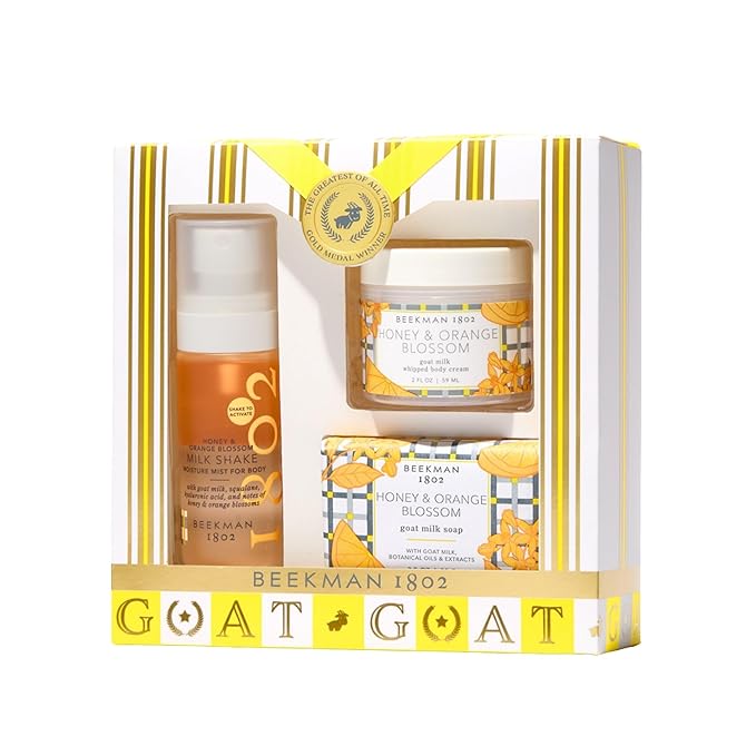Beekman 1802 Honey & Orange Blossom 3-Piece Body Care Set – Goat Milk Skincare Gift Set with Bar Soap, Whipped Body Cream & Hydrating Body Mist – Travel Size Body Care Kit