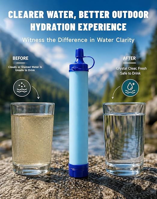 Water Filter, Portable Water Filter Straw, Emergency Survival Filtration System, Lightweight Personal Water Purifier, Includes 480ml Reservoir & Tube, for Hiking, Camping, Travel (1)