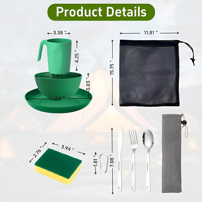 Scout Camping Mess Kit for 1 Person - Camping Utensils Set with Bowl Plate Cup Fork Spoon and Knife, Scout Dishes Set with Mesh Bag for Backpacking, Outdoor Camping Hiking and Picnic