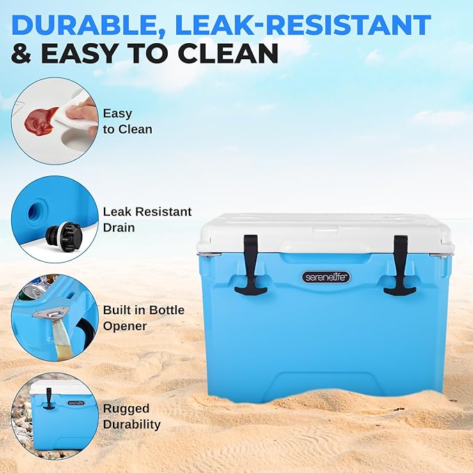 SereneLife Ultra-Tough 25-75 Quart Rotomolded Cooler Box, Holds Upto 64 Cans, Keeps Ice Up to 5 Days, Heavy-Duty Insulated Portable Ice Chest Box, Ideal for Camping, Beach, Picnics, Tailgating, etc