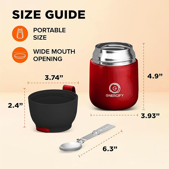 ENERGIFY Vacuum Insulated Food Jar. Large 17oz Bowl incl. Folding Spoon, Cup. Wide Mouth Keep Hot & Cold Drinks Soup Lunch Container for Adults. BPA-Free Stainless Steel, Leak Prooff Radiant red
