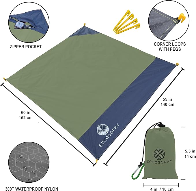ECCOSOPHY Sand Proof Beach Blanket - Waterproof Picnic Blanket 60x55-Outdoor Compact Pocket Blanket-Lightweight Ground Cover for Hiking, Camping, Festivals, Sports, Travel-with Bag & Stakes (Olive)