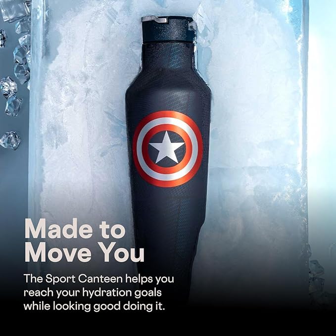 Corkcicle Marvel Sport Canteen - Triple-Insulated Stainless Steel Water Bottle - Straw Cap & Folding Metal Handle - Summer Drinkware Gift - Keeps Drinks Ice Cold - Captain America - 20 oz