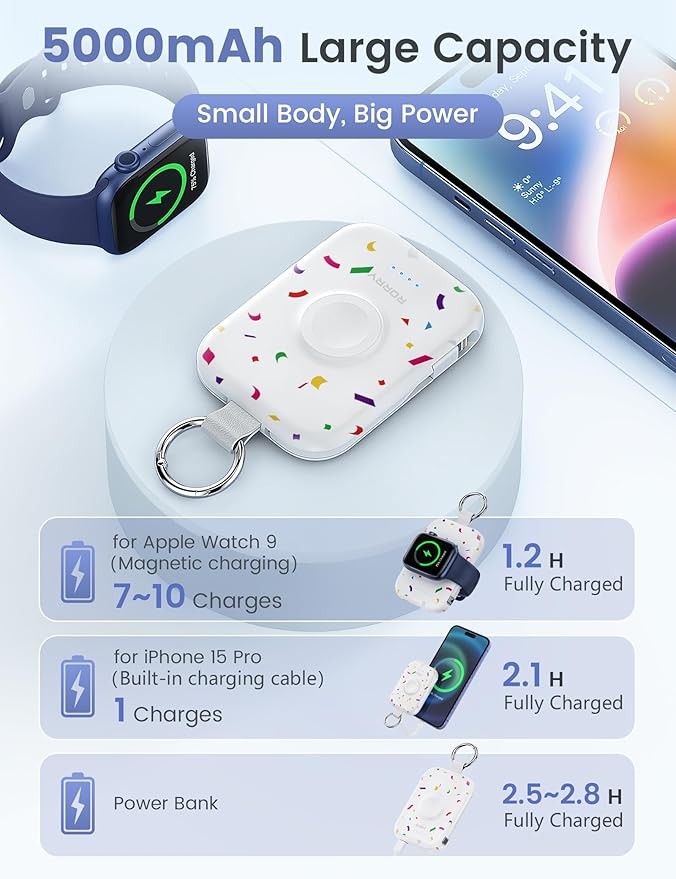 RORRY CharmGo Portable Charger, 5000mAh Portable Charger Power Bank with Built-in Cables, Travel Keychain Battery Pack for Apple Watch and iPhone Air/17/16/15/14/13/12, Confetti-White