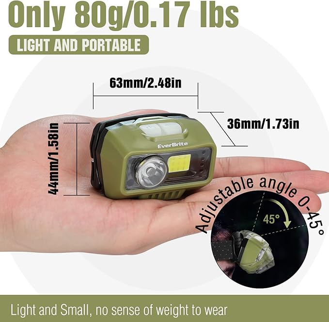 EverBrite Rechargeable Headlamp, LED Bright Motion Sensor Head Lamp Flashlight with 9 Modes, Adjustable Headlight for Adults with White Red Light, Water Resistant, Green, for Hiking, Running, Camping