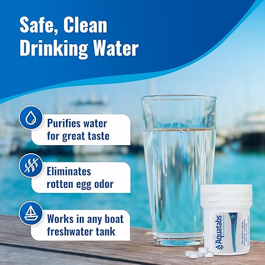 Complete Boat & RV Drinking Water Kit - 100 Aquatabs Water Purification Tablets + 50 Chlorine Test Strips + Water Flow Meter - for Boat & RV Tanks - by Aquamarine Water Solutions