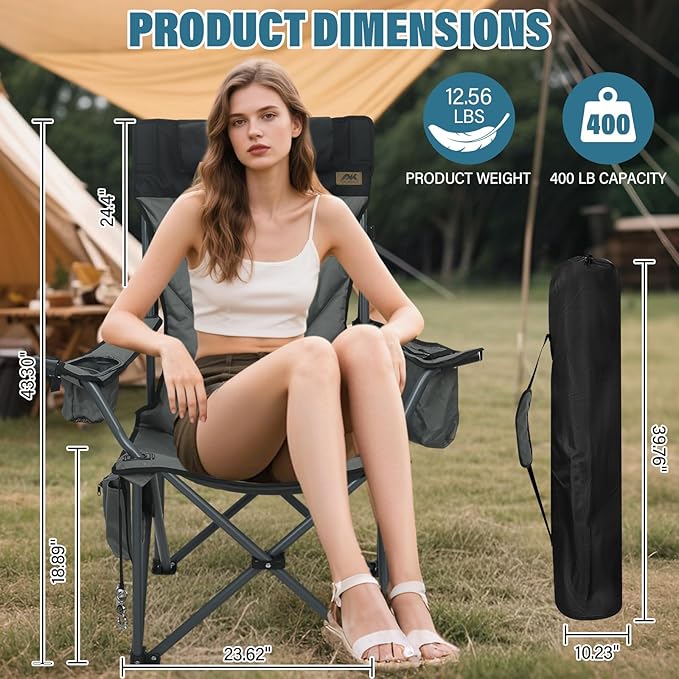 Oversized High-Back Camping Chairs with Pillow, Dual Cup Holders & Cooler Bag - Heavy Duty Foldable Outdoor Chair for Adults4PC (1, BLACKGREY-4PC-SET)