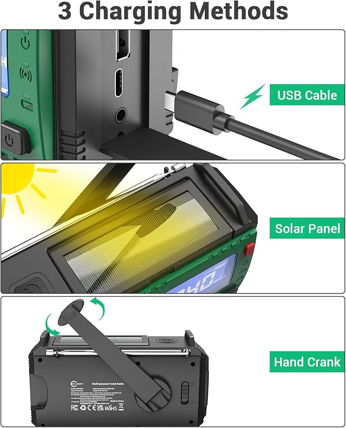 Esky 10000mAh/37000mWh Emergency Hand Crank Radio, AM/FM/NOAA Portable Rechargeable Weather Alert Radio with Flashlight, Compass Reading Lamp, Solar Powered for Outdoor Camping Survival Gear