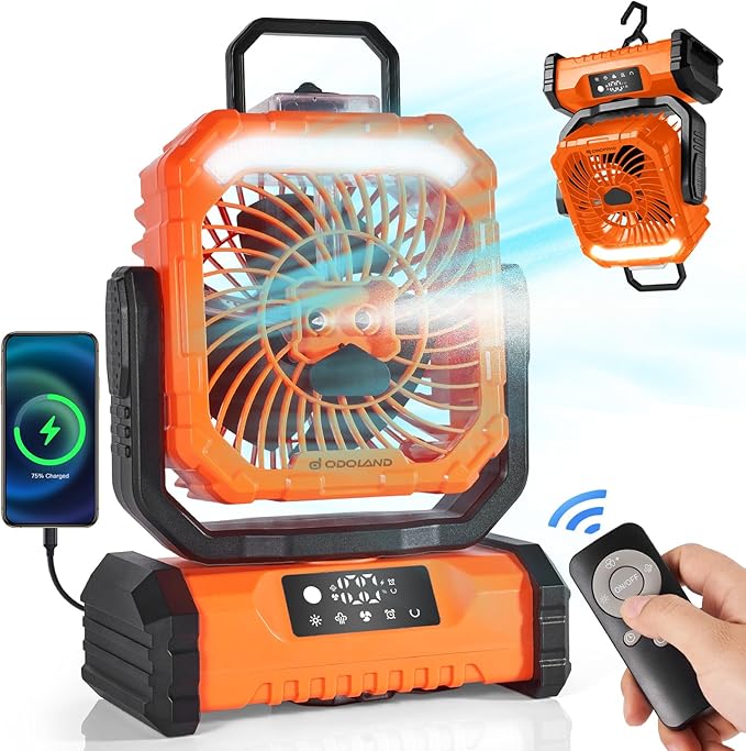 Odoland Portable Misting Fan with Light, 30000mAh Rechargeable Battery Camping Fan with 2 Spray Mister, Outdoors Tent Ventilador with Remote and Hook for Indoor Cooling Hiking Patio, Orange