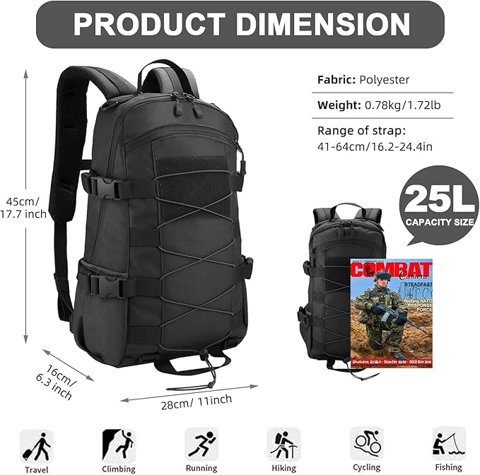 25L Hiking Backpack Small Tactical Backpack Daypack Camping Trekking Hunting Molle Pack for Men Women, Black