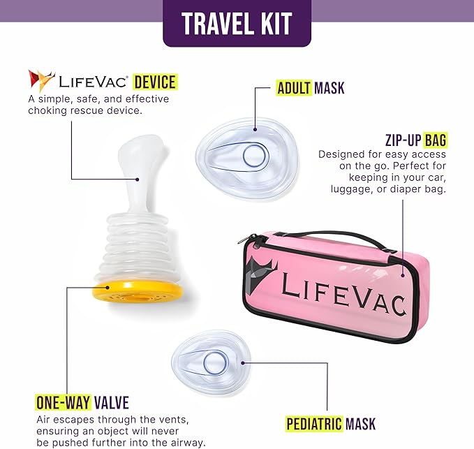LifeVac Pink Travel Kit - Portable Suction Rescue Device, First Aid Kit for Kids and Adults, Portable Airway Suction Device for Children and Adults