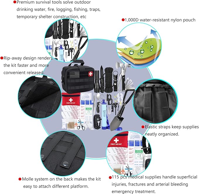 Carlebben Survival Kit Camping kit First Aid Kit Emergency Bugout Bag Gifts for Men Tactical Gear Accessories Molle Attachments Military