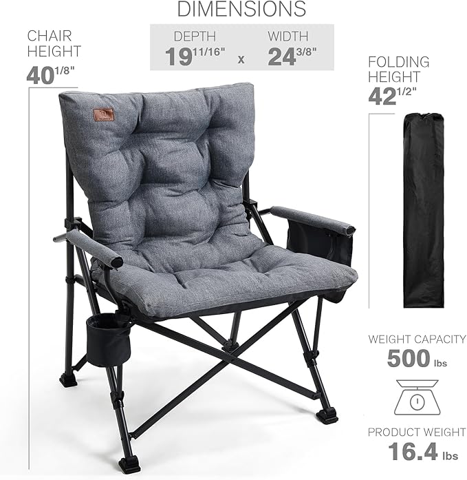 EVER ADVANCED Padded Oversized Folding Camping Chair for Adults, Heavy Duty Lawn Chair with Side Pockets, Portable Collapsible Quad Chair for Outside, Support Up to 500lbs, Grey