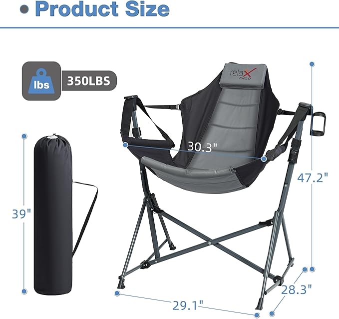 Hammock Camping Chair, 3 Heights Swinging Chair with Adjustable Backrest, Folding Rocking Chair with Head Pillow&Cup Holder, Outdoor Chairs for Camping and Hiking, Supports 350lbs, Black
