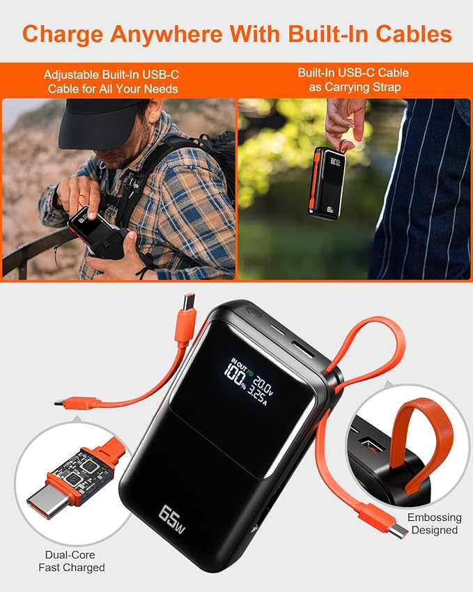 65W Portable Laptop Charger - 27,000mAh Power Bank with Built-in USB-C Cables, 3-Port 130W Total Fast Charging for MacBook/iPhone/Steam Deck|TSA-Approved Travel Essential Airplane Safe Battery Pack