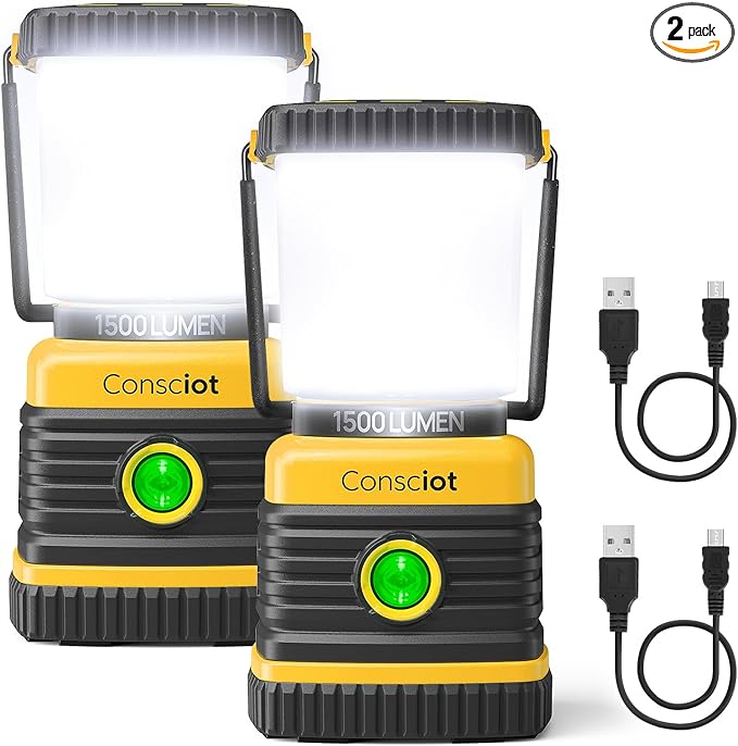 LED Camping Lantern, Consciot C02 USB-C Rechargeable Camping Lights, 1500LM, 5 Light Modes, Up to 100H Run Time, IPX4 Waterproof, Dimmable Tent Lights for Power Outages