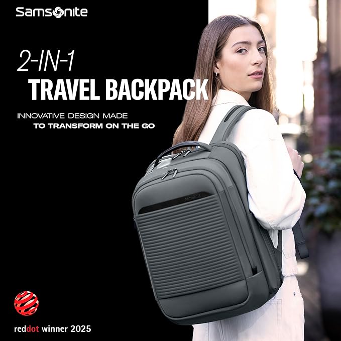 Samsonite Paralux 2-in-1 Travel Backpack, Converts into Main Bag + Go Bag, Lay-Flat Packing, StackIt™ Strap, Laptop Sleeve & Integrated AirTag™ Holder - Business & Adventure Travel Bag - Stone Grey