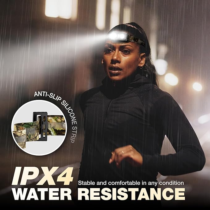 Mossy Oak 600 Lumens Rechargeable Headlamp, Lightweight LED Headlight with White & Red Light, Waterproof Head Lamp with Non-Slip Band, Dimmable & Memory Function for Camping, Running, Hiking, Outdoors