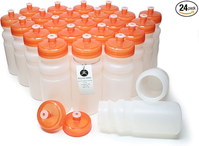 Rolling Sands USA Made 20 Ounce Sports Water Bottles - 24-Pack Bulk BPA-Free Blank Sports Bottles for Teams & Classrooms - Clear Frost Bottle/Orange Lid, No Smell No Taste