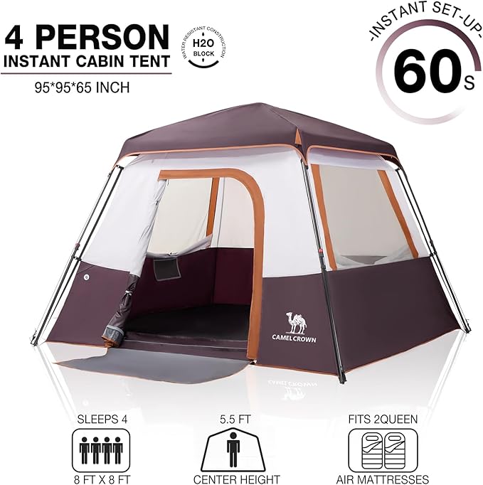 Camping Tents 4/6 Person Pop Up Instant Tent - Setup in 60s for Family Camping, Windproof Design, Family Cabin Tent with Rainfly & Backpack Carry Bag