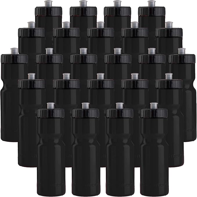 50 Strong Bulk Water Bottles | 24 Pack Sports Bottle | 22 oz. BPA-Free Easy Open with Pull Top Cap | Made in USA | Reusable Plastic Water Bottles for Adults & Kids | Top Rack Dishwasher Safe