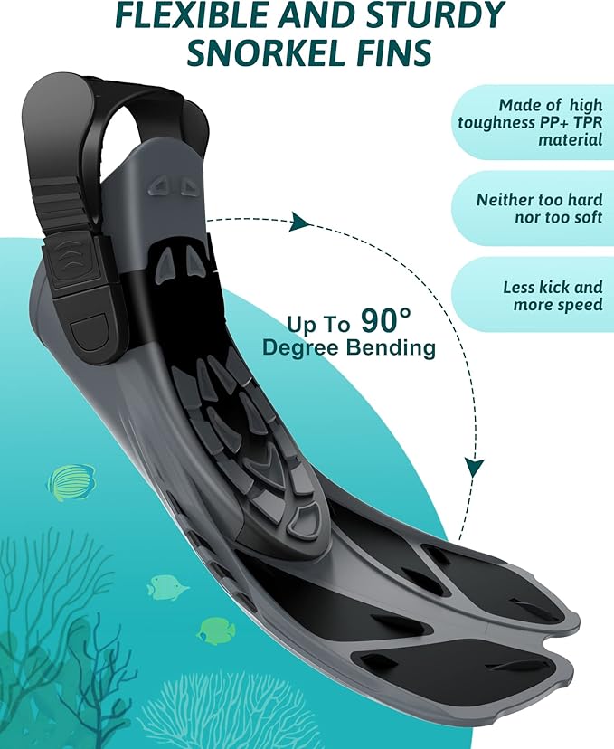 Mask Fins Snorkeling Gear for Adults, Full Face Snorkel Mask & Adjustable Swim Fins Snorkel Set, Panoramic View Snorkel Mask Dry Top Anti-Fog Anti-Leak