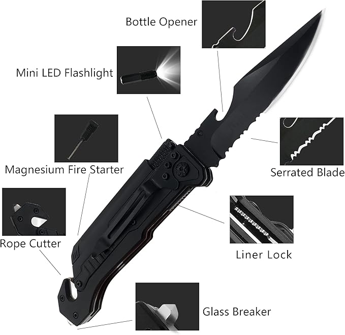 Engraved Folding Knives for Men,6 in 1 Pocket Knives with Fire Starter,Flashlight,Bottle Opener,Glass Breaker,Birthday Gifts for husband