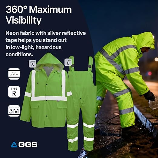 Global Glove FrogWear GLO-8000 Unisex High-Visibility Rain Suit, Lightweight Three-Piece Rain Gear with Waterproof Jacket, Bibs, and Detachable Hood – Neon Yellow, 3X-Large