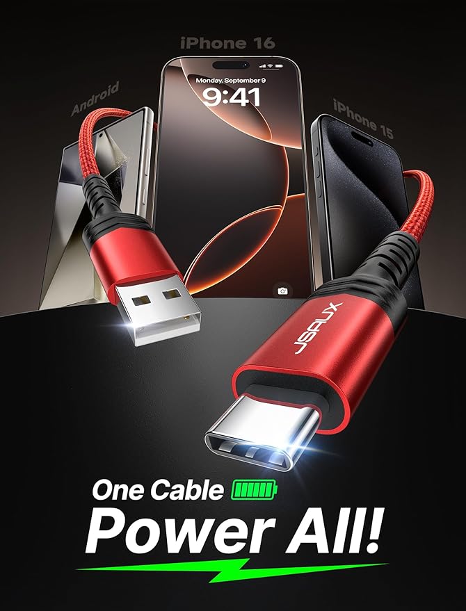 JSAUX USB C Cable [3-Pack 6.6ft], USB A to USB Cord Fast Charging for iPhone Air, iPhone 17, iPhone 17 Pro, iPhone 17 Pro Max, iPhone 16/iPhone 15 Series, Samsung S20 S10, Note 20 10, Car Play - Red